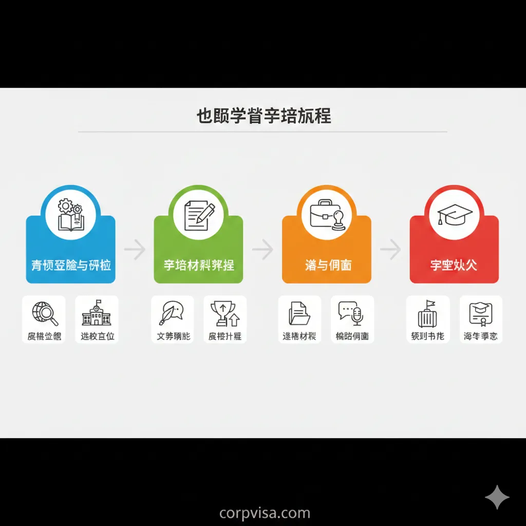 教程图片以清晰的时间轴或流程图形式呈现。从初期的背景评估、选校定位，到中期的文书润色、背景提升，再到后期的签证材料准备及模拟面试。每个阶段都配有简洁的图标，如书本、放大镜、对话框、印章等。色彩采用分段式配色，指导用户一步步了解从咨询到落地的全过程，构图清晰易读，充满引导感。
