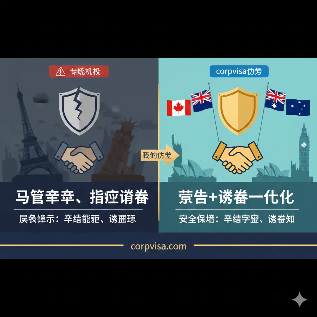 优势对比图片采用左右分屏构图。左侧代表传统机构，画面颜色较为暗淡，突出“只管申请、忽略签证”带来的风险警示；右侧代表 corpvisa.com 的优势，色彩鲜明，强调“留学+签证一体化”的安全感。画面中加入了盾牌图标象征保护，以及握手图标象征信任。背景中融入了不同国家的旗帜或地标缩影，体现全球视野和专业法务背景。