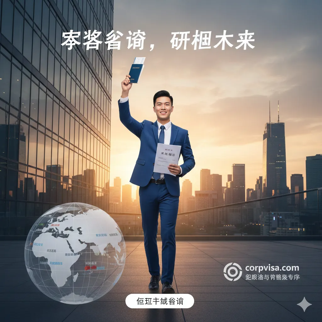 总结图片展现了留学生学成之后在全球化职场中自信迈步的场景。背景是一个现代化的办公空间或国际都市天际线，象征着留学后的就业与移民成功。画面中心是一位身着职业装的青年，面带笑容，手中拿着录取通知书和护照。整体构图向上昂扬，色彩充满阳光感，传达出“规划未来”的最终目标，引导用户通过在线咨询开启第一步。