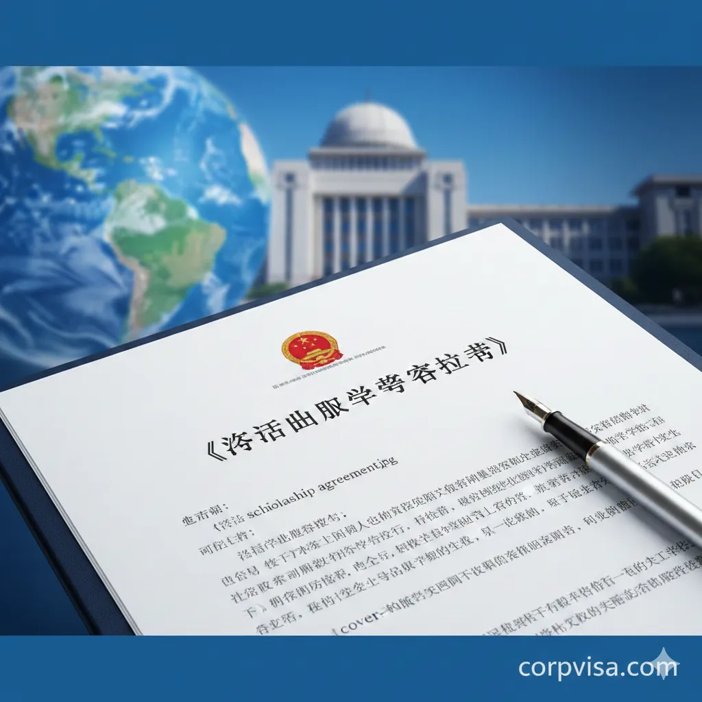 一张极具专业感的封面大图。背景是模糊的全球地图与宏伟的大学图书馆建筑,前景清晰地展示一份名为《资助出国留学协议书》的文档,旁边放着一支高端钢笔。画面采用稳重的商务蓝和洁净的白色调,光线温暖而明亮,构图采用对角线分布,传达出法律的严谨性与公派留学的权威感,体现corpvisa.com的专业咨询定位。
