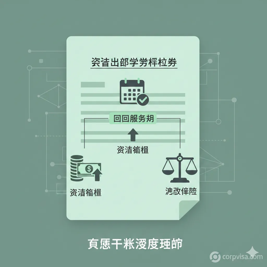 功能展示图片,采用扁平化UI风格的3D渲染图标。画面中心是一个放大的协议书局部,关键条款如‘回国服务期’、‘资助金额’、‘违约赔偿’被高亮显示,并连接到法律天平、日历进度和货币符号等图标。色调以清爽的薄荷绿和沉稳的深灰为主,构图简洁明了,旨在强调文章对协议核心条款的深度法律解读功能。