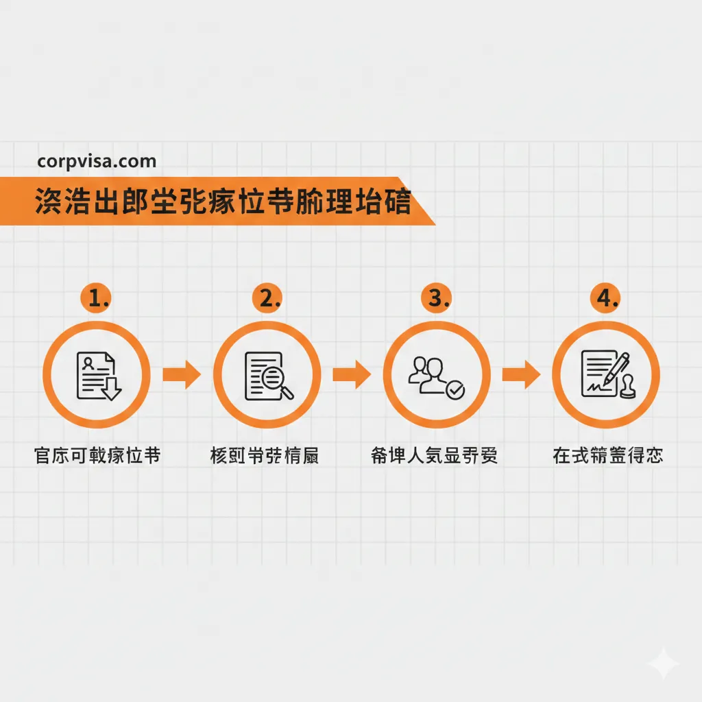 教程指导图片,设计成清晰的线性流程图。展示从‘官方下载协议书’、‘核对留学信息’、‘担保人资格审查’到‘正式签署递交’的完整步骤。每个步骤配以简约的示意图标和序号标识。背景是淡灰色的网格背景,具有设计感。配色采用亮橙色作为引导色,使办理流程直观易懂,符合corpvisa.com为用户提供行动指南的特质。