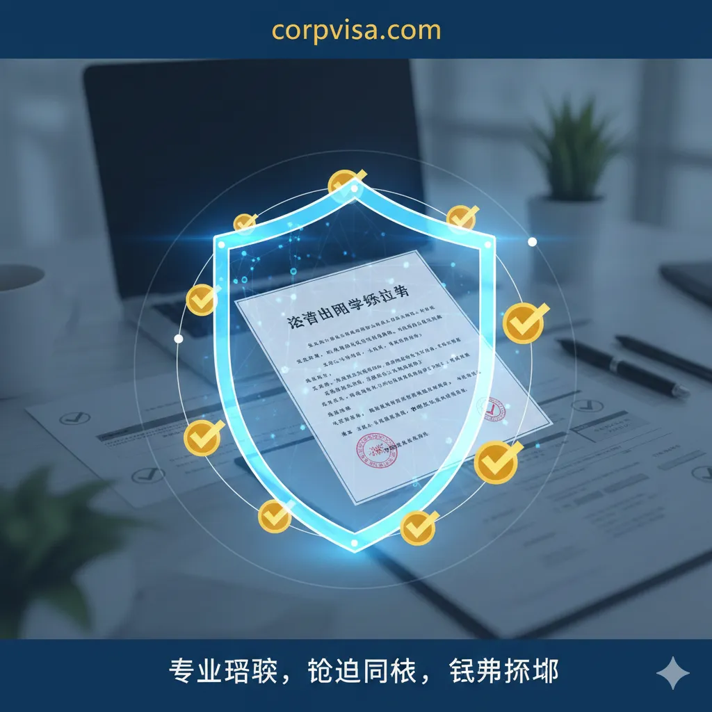展现法律保护与风险防范的概念。画面中央是一个半透明的数字盾牌保护着一份留学协议,周围环绕着勾选图标,象征合规性检查。背景融入了办公桌的俯视图元素。色彩以代表信赖的蓝色和象征成功的金色点缀,强调corpvisa.com通过专业解读帮助留学人员有效规避违约风险、识别法律陷阱的独特优势。