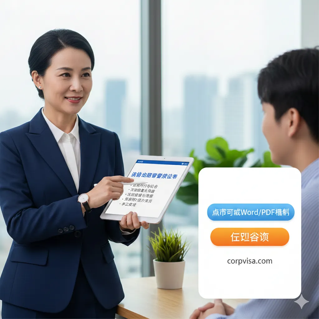 总结回顾图片,采用现代化的职场沟通场景。一名资深法律顾问(着正装)正在通过平板电脑向用户展示‘资助出国留学协议书’的要点总结。画面右侧留白区域暗示‘点击下载Word/PDF模板’及‘立即咨询’。色彩风格明快,充满正能量,构图平衡,引导用户在阅读完深度解析后进行下一步的下载或咨询行动。