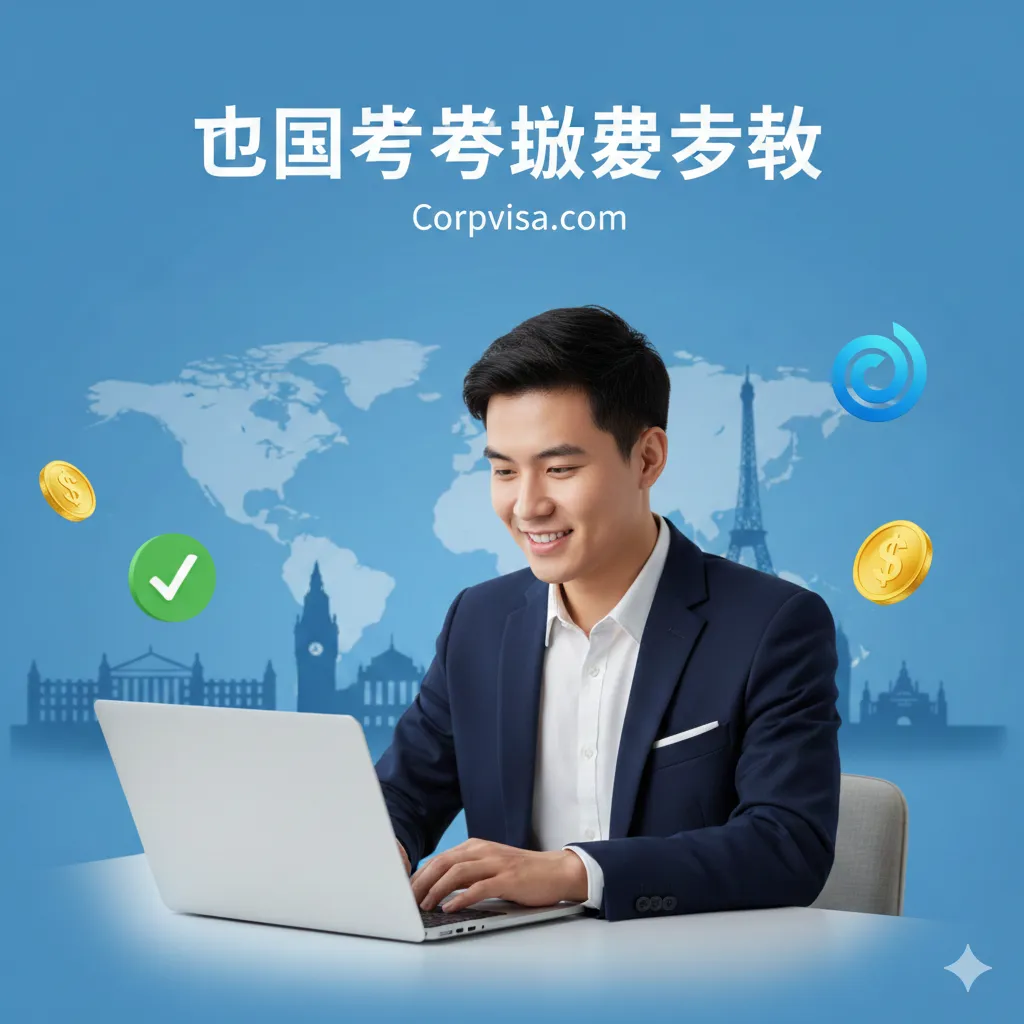这张封面图采用大气且具有信任感的商务蓝色调。画面中心是一名充满活力的留学生在书桌前轻松操作笔记本电脑，背景模糊处理，隐约可见世界地图和知名海外大学的标志性建筑。画面侧边点缀有浮空的金融元素，如金币、转账成功的勾选图标以及'Corpvisa'品牌LOGO，整体构图平衡，视觉中心聚焦在办理出国留学缴费手续的便捷感上。