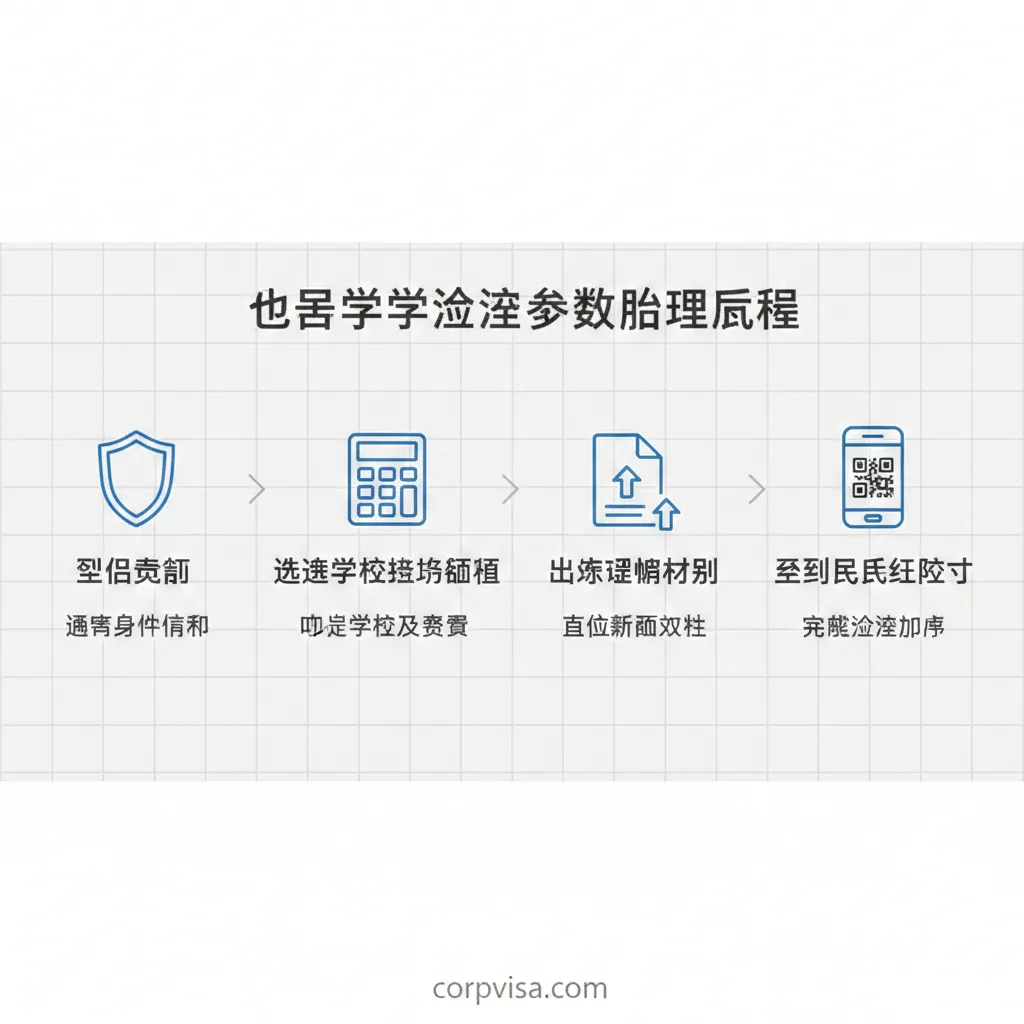 教程引导图以简洁清晰的步骤流程图形式呈现。从左至右分为四个阶段：实名认证、选择学校输入金额、上传证明材料、最终人民币支付。每个步骤下方配有简约的线框图标（如盾牌、计算器、文档上传和移动支付扫码），背景使用浅灰色方格纸纹理，具有引导性和科技感，让读者一眼看清办理出国留学缴费手续的实操逻辑。