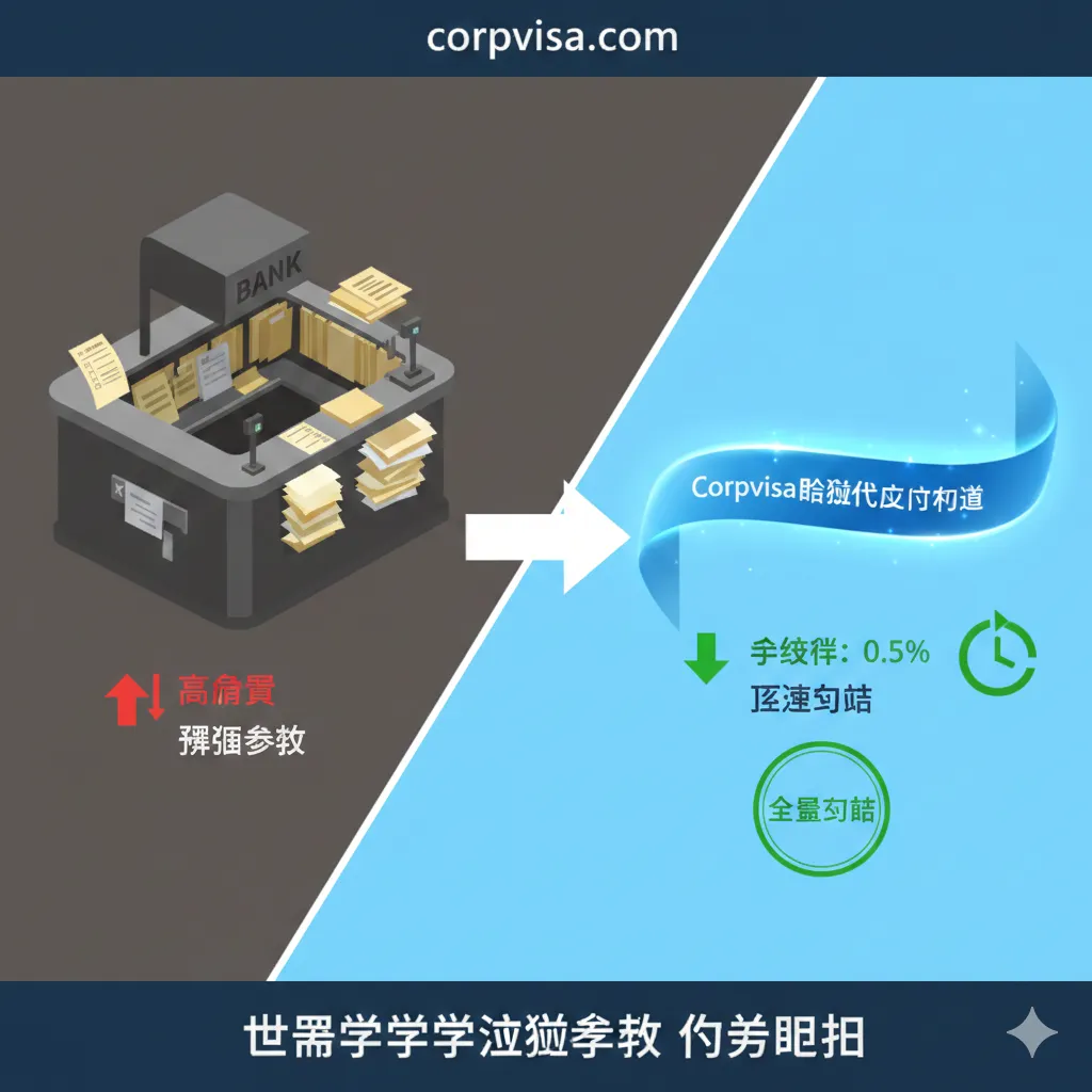 优势对比图采用极简的数据化设计风格。画面左侧是一个沉重的传统银行柜台缩影，伴随着复杂的纸质表单和高昂的费用标识；右侧是闪亮的Corpvisa数字化支付通道，显示出较低的手续费百分比、极速到账的绿色时钟以及'全额到账'的保障印章。运用对比色（灰暗vs明亮）视觉化呈现出办理出国留学缴费手续时选择专业平台的优势。