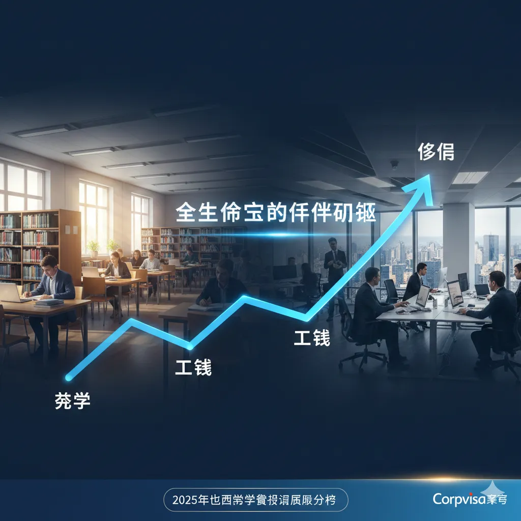 一张体现Corpvisa品牌专业优势的创意图片。画面采用双重曝光效果，左侧是校园图书馆的静谧场景，右侧是繁华大都市的职业办公场景，中间由一条发光的上升曲线连接。曲线节点标注着‘留学’、‘工签’、‘移民’。整体风格高端，采用Corpvisa品牌蓝调，构图上体现出‘全生命周期’的跨度，传达出不仅是留学更是身份规划的深度专业价值。