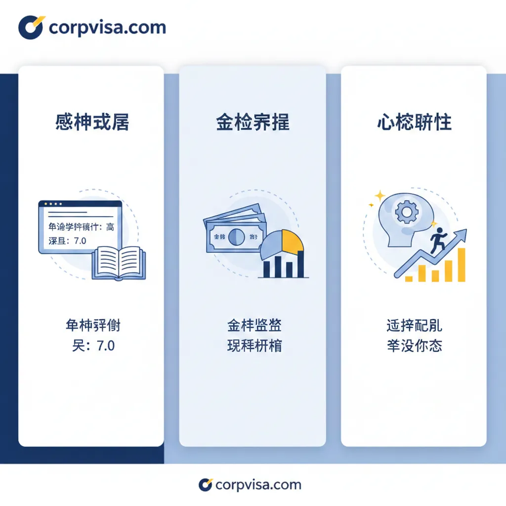 一张展示留学自我评估要素的扁平化矢量风格图。画面被分为三个视觉板块：学术成绩（展示带有高GPA的成绩单和雅思成绩单）、资金储备（展示整齐的存折与理财图表）以及心理韧性（展示一个发光的大脑和向上攀爬的图标）。配色以Corpvisa品牌色系为主，点缀亮黄色，构图整洁清晰，方便用户快速理解留学的硬性门槛。