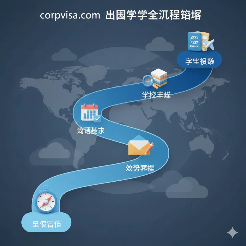 一张精美的留学申请全流程路线图。采用S型流程曲线构图，从底部的‘自我定位’出发，经过‘语言备考’、‘文书准备’、‘学校申请’，最终到达顶部的‘成功获签’。每个节点配有精致的3D小图标，如信封、日历、放大镜等。色彩使用渐变色系，从浅蓝到深蓝，视觉上引导读者从零基础一步步走向成功落地。