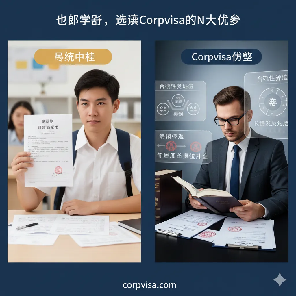 一张体现Corpvisa专业法律背景与留学优势的对比图。左侧展示传统中介只关注录取通知书的单一场景，右侧通过叠加图层展示Corpvisa在签证合规性、移民法律条款以及长期职业规划方面的深度介入。画面中包含专业法律书籍、盖章的签证文件以及深思熟虑的专业顾问形象。色调沉稳专业，强调安全、合规与长远规划的价值。