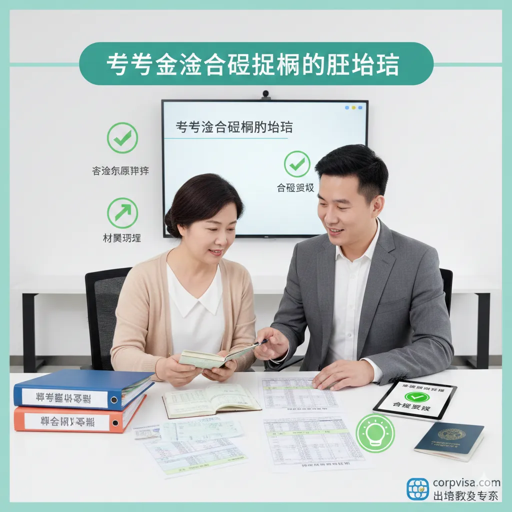 教程步骤图。以分步指引的形式呈现，展示办理留学资金证明的合规流程。画面包含：一位专业顾问正在指导家庭成员（如母亲）整理银行流水、存折和留学申请材料。背景是整洁的现代化办公室，色调清新、专业。图中穿插一些代表‘合规’、‘绿灯’的小图标，视觉重点在于资金来源解释文件的整理过程，具有极强的实操指导意义。