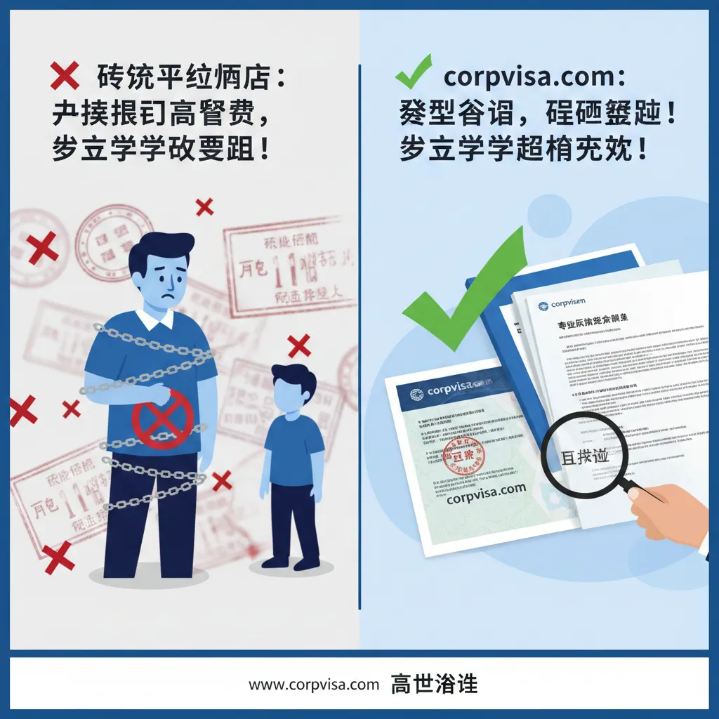优势对比图。画面展示corpvisa.com如何解决复杂案例。左侧是混乱的红叉标志，代表传统申请中遇到的拒签风险；右侧是绿色的对勾和一份盖有‘Approved’印章的签证页。画面中包含专业法律文案润色、风险评估报告的特写，展现品牌在跨界法律与教育咨询方面的专业深度。风格稳重、可信，使用品牌标志性的蓝白配色。