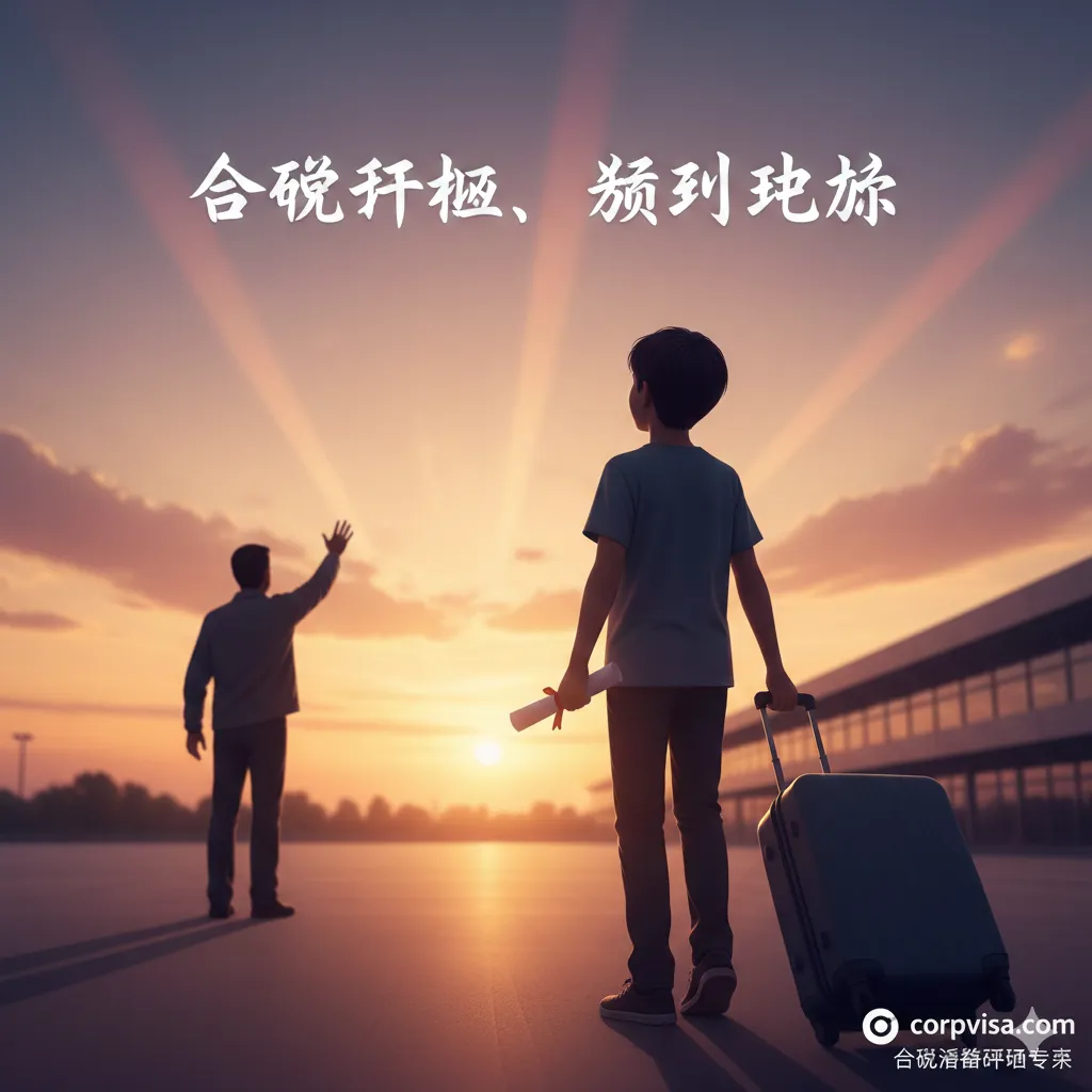 总结回顾图。画面定格在一个温馨的剪影，父亲在远处挥手告别，儿子在机场航站楼前推着行李箱，手中拿着录取通知书。上方漂浮着‘合规规划、顺利启航’的文字提示。背景采用柔和的夕阳色调，象征希望与圆满的结局。构图简洁，视觉中心集中在孩子奔向未来的背影，给人一种法律风险已被妥善隔离、未来可期的安心感。