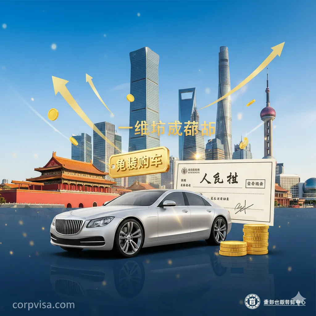 描绘留学生回国优惠政策的优势图。视觉中心是一辆时尚的轿车(代表免税车政策)和一张写有‘人才补贴’的支票。背景是北京或上海标志性的天际线,象征一线城市落户优势。构图充满活力,使用向上的箭头和金币元素点缀,色彩温暖,展现出回国发展充满机遇与福利的积极景象。