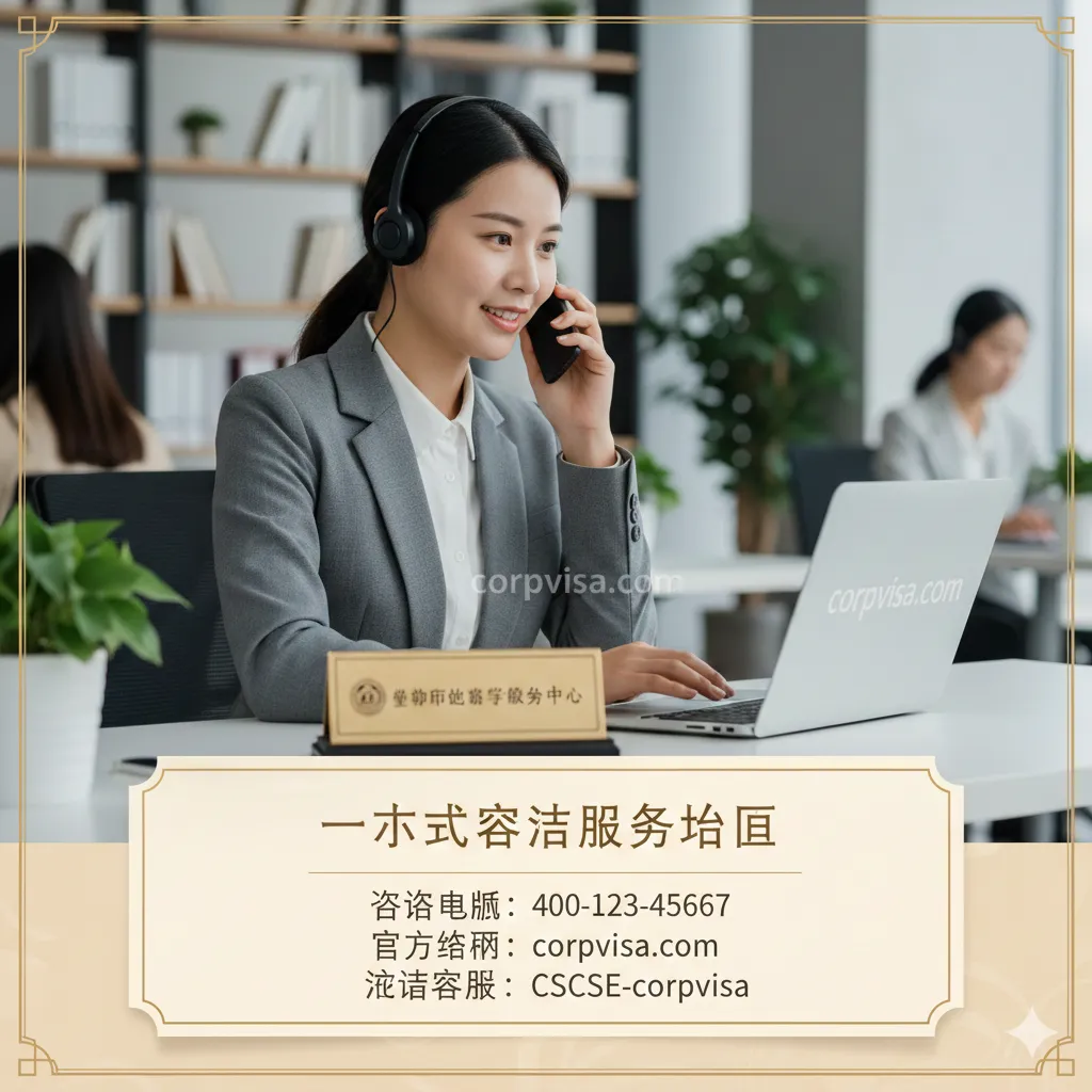 文章总结与服务咨询引导图。画面呈现一位穿着职业装的专业顾问正在接听电话或操作电脑,面前摆放着corpvisa.com的品牌标识。背景是模糊的办公场景,营造可靠的咨询氛围。画面下方设计一个精致的总结框,包含联系方式和‘一站式指南’字样,整体风格温馨、专业且具有信任感。