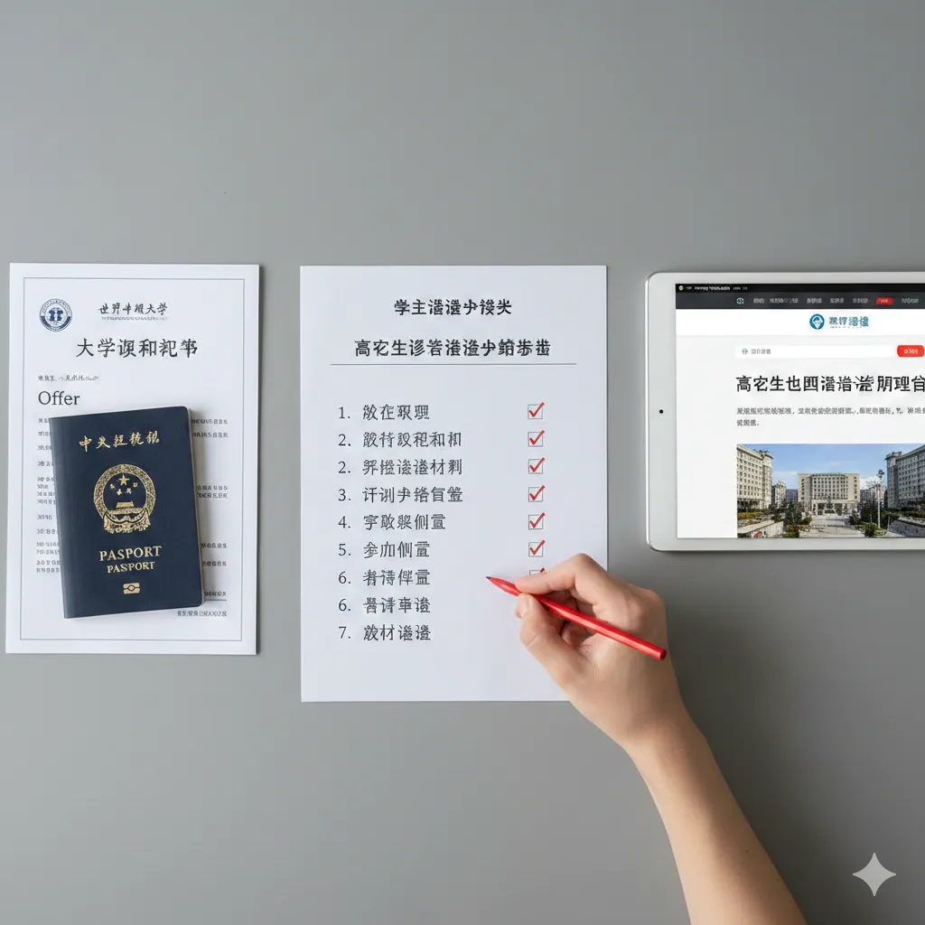一张流程指导类的教程图。展示一个整洁的桌面场景，上面放着护照、录取通知书（Offer）、签证申请表以及一台显示CorpVisa官网的平板电脑。画面中有一只手正在勾选清单。采用俯视拍摄视角（Flat Lay），光线柔和。通过视觉化的步骤引导，展示从学术申请到签证获批的清晰逻辑，整体风格严谨且具有执行感。