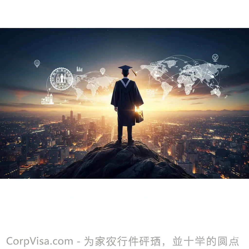 一张具有前瞻性的总结图。画面展示一名高中生站在高处，眺望远方的城市天际线，天空呈现出壮丽的黎明景象。画面融入了毕业帽、护照印章和连接全球的点线网络等元素，寓意留学是通往未来的钥匙。构图开阔，意境深远，色调从深蓝过渡到金橙色。下方留白处隐约透出CorpVisa的Slogan，象征着为家族身份规划画上完美的圆点。