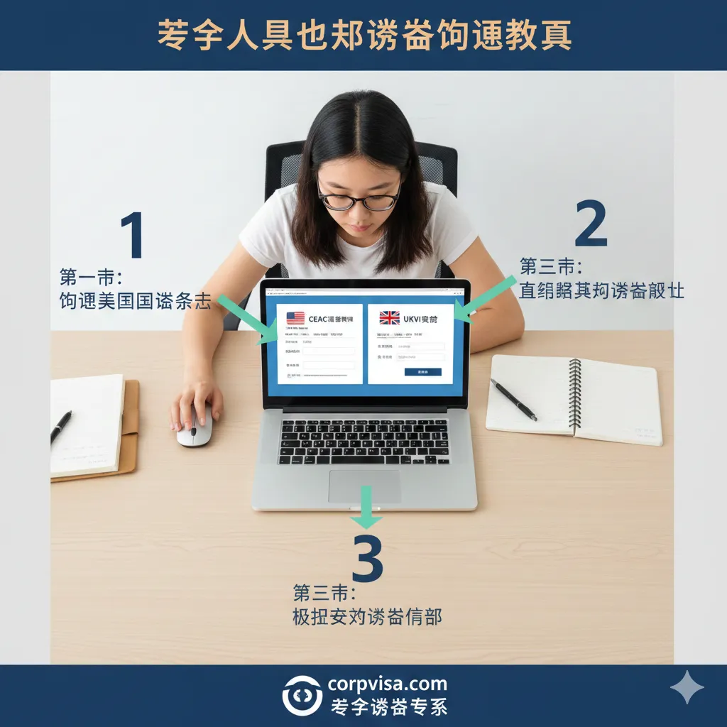 一张清晰的阶梯式流程演示图，采用极简主义风格。画面展示了一名留学生正在笔记本电脑前操作，屏幕上显示出CEAC系统和UKVI账户的查询界面。图中伴有引导式的箭头和步骤标记（1, 2, 3），通过俯视视角呈现干净的桌面布局，旨在直观地教导用户如何一步步查询‘该留学人员所持护照有无有效的出国签证’。