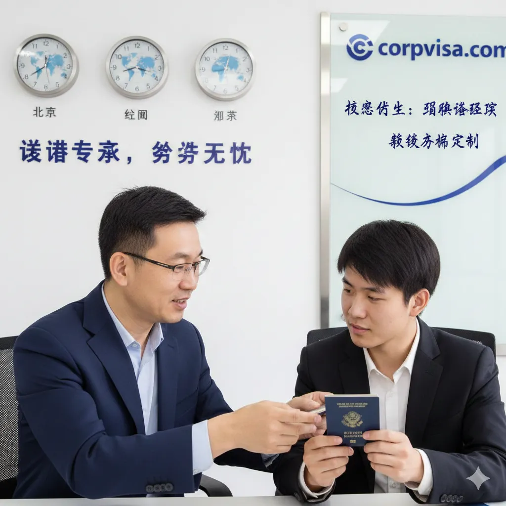 一张展示专业信赖感的场景图，画面左侧是一位穿着职业装的资深咨询顾问，神情专注且亲切，正在与一名手持护照的年轻学生进行沟通。背景是corpvisa.com品牌化的办公环境，装饰墙上有全球时钟。画面强调人际互动的温度与专业度，突出平台在解读疑难签证状态和提供续签方案方面的核心竞争优势。