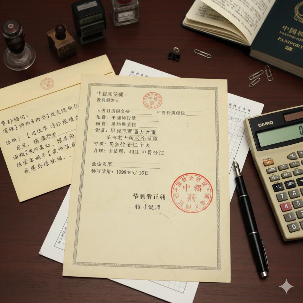 用于'留学资金的“年代特色”'教程/流程部分。图片模拟一张1998年的留学申请文件堆。核心元素包括一个加盖了红色公章的银行存单或资金证明复印件（重点突出资金来源和存期要求），旁边散落着钢笔、老式计算器和一封手写的留学申请信。整体构图采用俯视视角，聚焦于文件的细节，背景可以是一个深色的木质桌面，模拟当时办理手续的严谨与复杂性，展现旧时留学办理流程的严肃性。