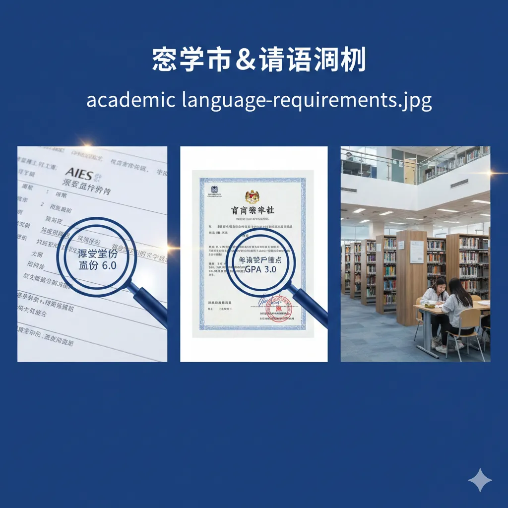 一张展示学术与语言功能特性的示意图。画面采用分屏对比或网格构图,展示雅思成绩单、高中毕业证书公证件、以及GPA绩点图标。元素包括放大镜聚焦在‘IELTS 6.0’和‘GPA 3.0’等关键数字上,背景点缀以马来西亚校园的图书馆内部景,采用商务蓝色调,风格简洁专业,让用户一眼看清核心学术要求。