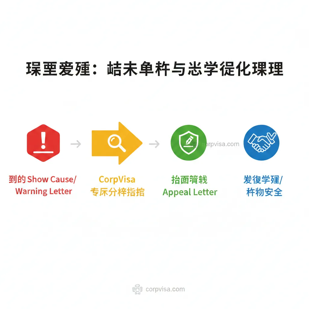 图片以流程图或步骤分解的形式展示'紧急救援:挂科申诉与学术危机处理'的教程。采用三步或四步的图标/文字组合,使用醒目的红-黄-绿警示色系。第一步:红色警报图标+文字'收到Show Cause/Warning Letter';第二步:黄色箭头+文字'CorpVisa 专家分析指控';第三步:绿色盾牌+文字'指导撰写Appeal Letter';第四步:蓝色握手/胜利图标+文字'恢复学籍/身份安全'。整体风格专业、条理清晰,突出在危机中提供清晰的解决方案和指导。
