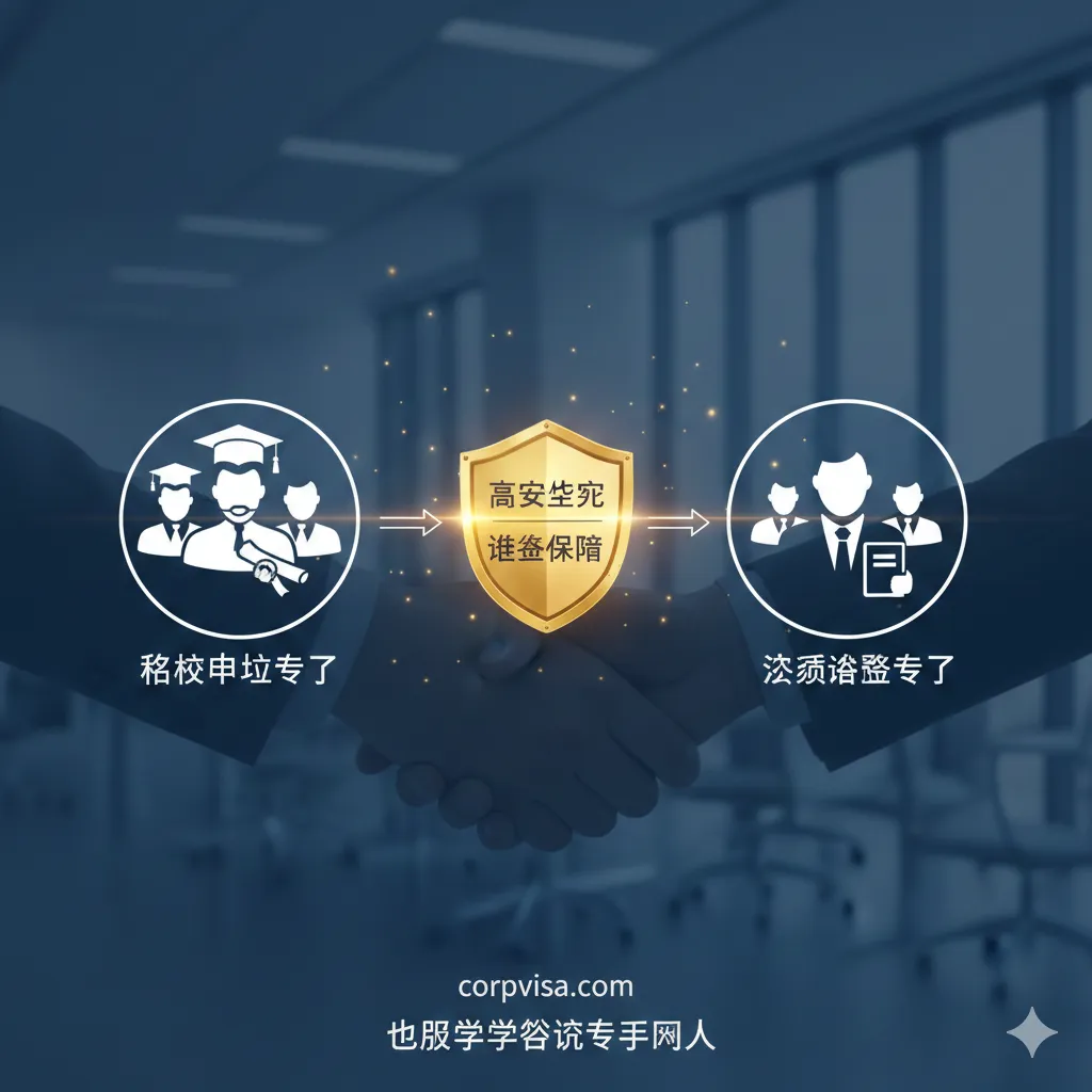 图片重点展示顾问团队的“申请专家+签证专家”双重优势。画面中心是两组专业人士的肖像剪影或图标组合，一组代表“名校申请专家”（如带着毕业帽的图标），另一组代表“资深签证专家”（如带着领带的图标或法律书籍）。两组专家通过一个共同的“保障盾牌”连接起来，盾牌上刻有“高成功率”或“签证保障”字样。背景应是光线明亮的办公环境或合作的握手场景。色彩使用稳重的深蓝色和象征成功的金色，强调团队的专业背景和高成功率的保障。
