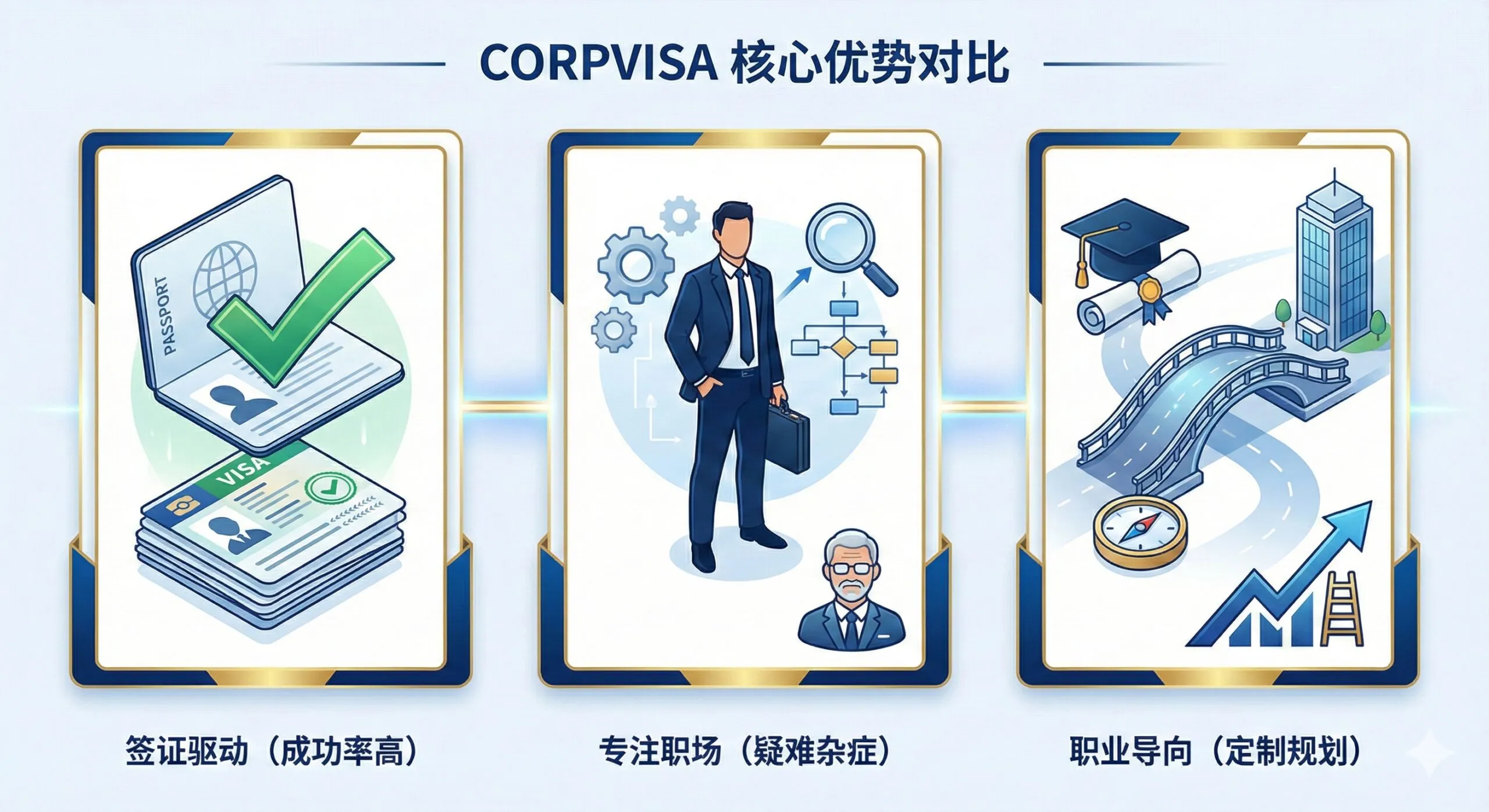突出Corpvisa三大优势（签证驱动、专注职场人士/疑难杂症、职业导向规划）的对比图或三联图。使用三个并列的图标：第一个是带有勾号的护照（签证成功），第二个是西装革履的职场人士形象（大龄/高净值人群），第三个是连接大学证书和公司大楼的桥梁（职业导向）。构图简洁有力，采用高对比度的色彩突出品牌的专业和差异化，强调其提供的是高价值、定制化的留学服务。
