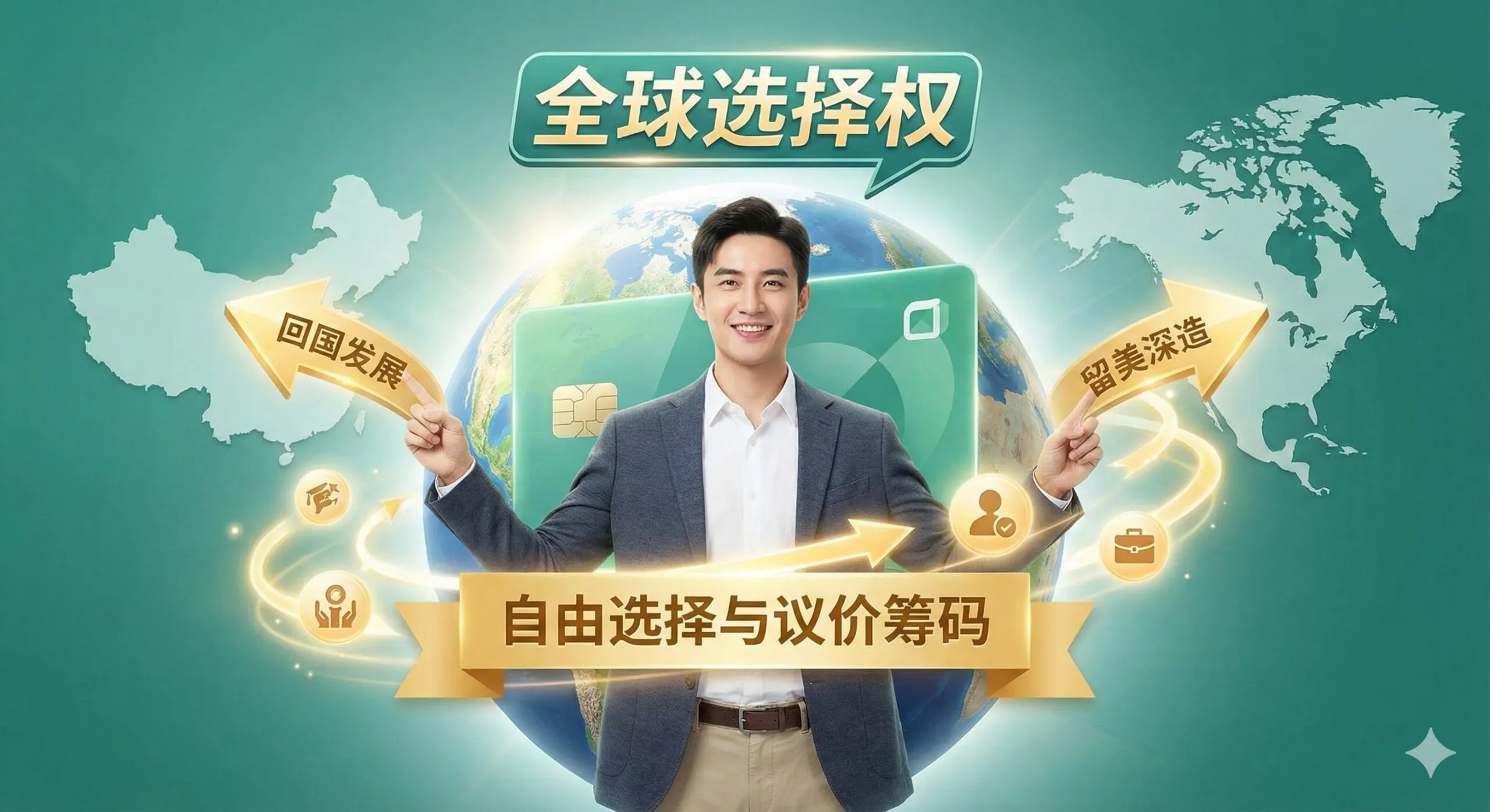 突出拥有绿卡带来的“全球选择权”的优势图。主体是一个高学历人士（穿着西装但面带轻松微笑）站在一个巨大的、可以自由旋转的世界地图前。他一只手指向中国方向（配有“回国发展”标签），另一只手指向美国方向（配有“留美深造”标签）。地图上方有一个半透明的美国绿卡卡片图形。整体色调明快、积极，强调“主动权”和“自由选择”，用金色箭头象征灵活的职业路径，打破“爱国与留美”的二元对立。