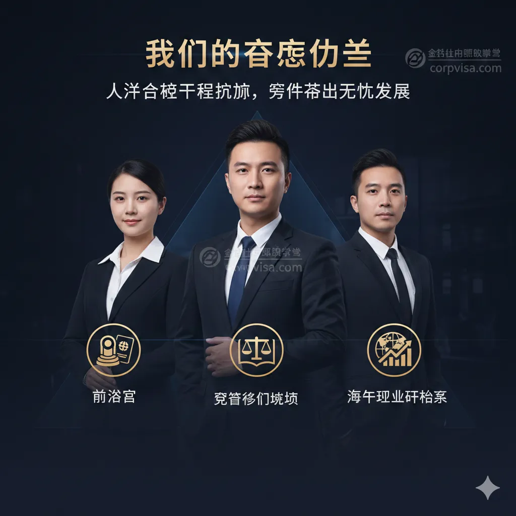 优势图应展示 corpvisa.com 团队的专业性,以区别于传统的留学顾问。画面主体是一个三位一体的团队组合,中央是一位'注册移民律师'(带着天平或法律书籍图标),两侧分别是'前签证官'(带着印章或护照图标)和'海外职业规划师'(带着世界地图或目标市场分析图表)。整体风格庄重、可信赖,使用深色背景和清晰的图标,强调团队在法律、签证和海外就业方面的综合专业背景,突显其服务全程的法律合规性与境外落地能力,这是传统留学咨询公司相对缺乏的。