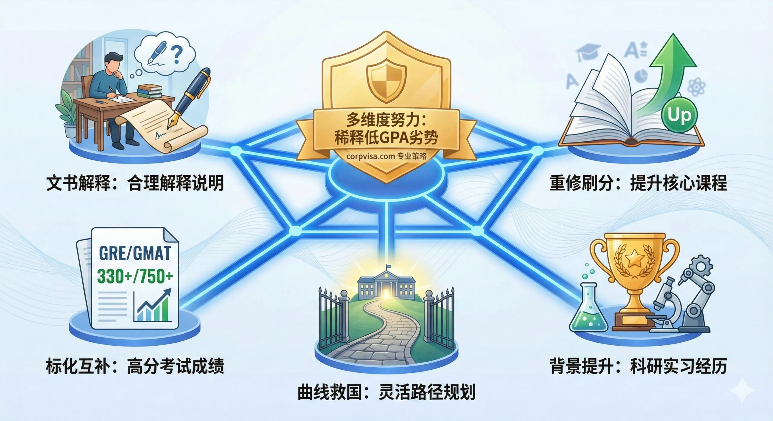 优势/策略图,展示低GPA申请名校的5个合规救命稻草。画面采用五边形布局,每个角代表一个策略:1. 文书解释(一个人在写信) 2. 重修刷分(一个带有“Up”箭头的书本) 3. 背景提升(一个奖杯或科研设备) 4. 标化互补(一个高分的GRE/GMAT成绩单) 5. 曲线救国(一条蜿蜒但向上的道路)。中心用一个象征成功的徽章连接这五个点,色彩鲜明,强调通过多维度努力来“稀释”低GPA的劣势,突出corpvisa.com提供的专业策略。