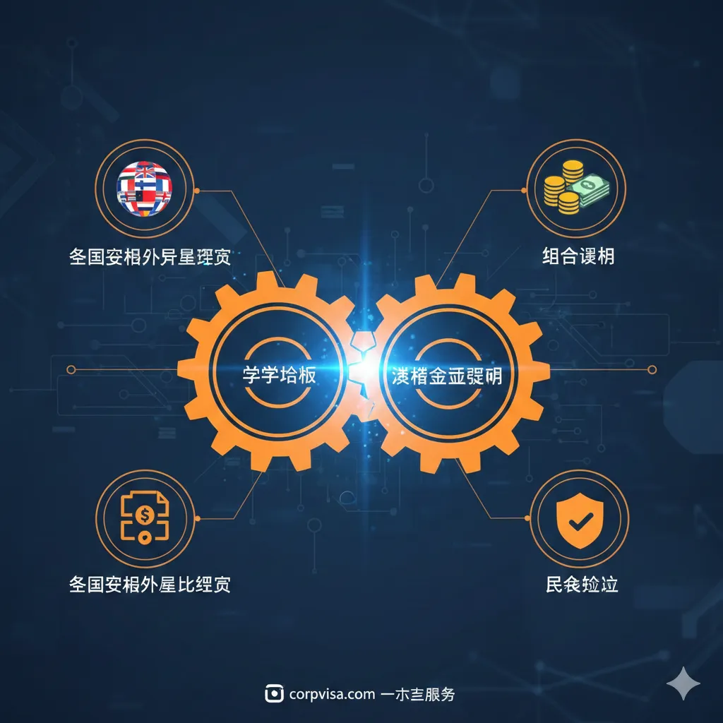 优势图片应突出corpvisa.com的“贷款+签证”一站式服务的独特价值。画面中心是一个齿轮或拼图的组合图形，其中一个齿轮上刻着“留学贷款”，另一个刻着“签证资金证明”。这两个齿轮完美咬合转动，象征无缝衔接。周围环绕着小图标，代表其优势：如“各国要求差异化解读”（不同国家旗帜）、“组合证明”（金钱与贷款文件堆叠）、“风险规避”（盾牌）。色彩充满活力和专业感，如深蓝与亮橙的搭配，体现专业、高效、独家。