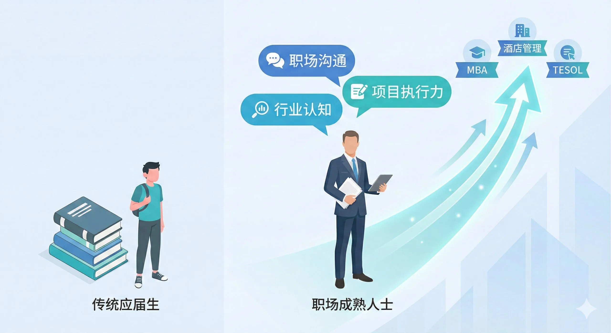 图片强调大龄专科生的'软技能'优势和留学后广阔的就业前景。画面由两个对比元素构成:左侧是一个传统的应届生(书本堆),右侧是一位成熟的职场人(西装/领带,手持文件)。右侧人物上方标注着'职场沟通'、'行业认知'、'项目执行力'等软技能关键词。背景是一个向上延伸的阶梯或跑道,终点是MBA、酒店管理、TESOL等专业名称的图标,象征赛道转换和职业晋升。风格现代简约,强调对比和上升趋势。