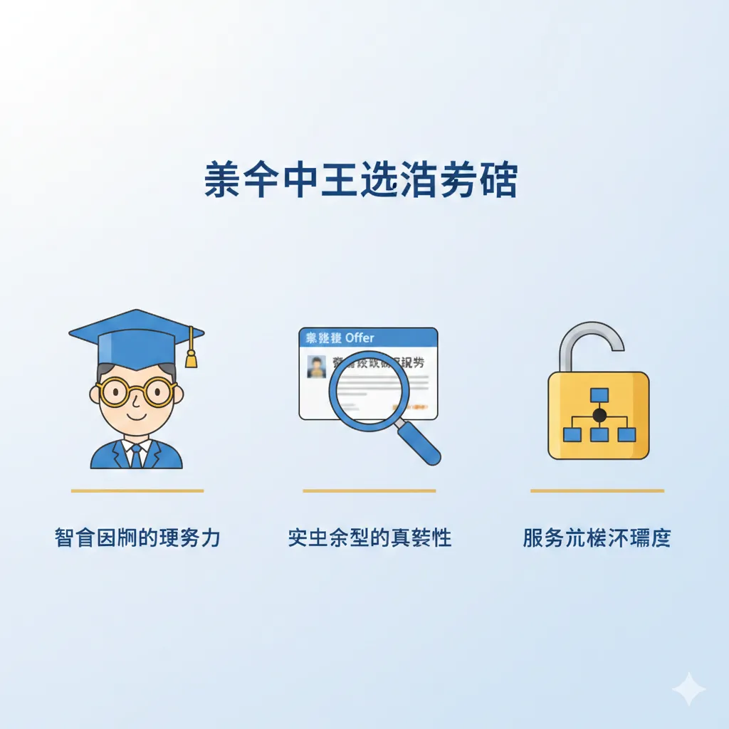 针对“如何选择一家靠谱的留学中介？”这一核心功能或教程部分，突出“硬实力”和“透明度”。图片构图应是三个并列的图标：第一个是戴着学士帽或眼镜的专业顾问形象，代表“顾问团队的硬实力”；第二个是一个放大镜下的Offer截图，代表“成功案例的真实性”；第三个是一把打开的锁或透明的流程图，代表“服务流程的透明度”。整体配色采用Corpvisa的品牌色（如蓝色和金色点缀），风格简洁、商务、信息可视化。