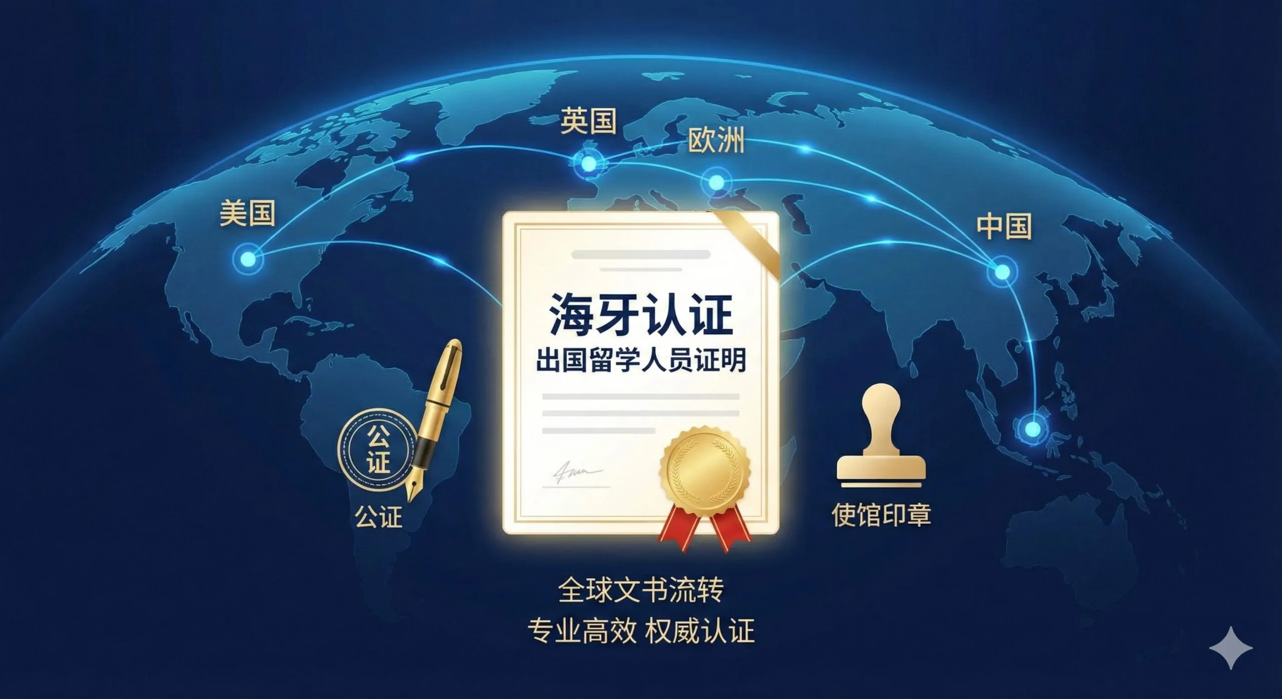 专注于‘海牙认证’（Apostille）与全球文档流转的商务插图。画面以地球为背景，连接美国、英国、欧洲和中国等关键节点。核心元素是一份盖有红色或金色钢印、以及‘Apostille’字样的法律文件，周围环绕着公证员签字笔、使馆印章等元素。设计风格高端大气，体现Corpvisa处理跨国文件认证的专业能力和全球视野。