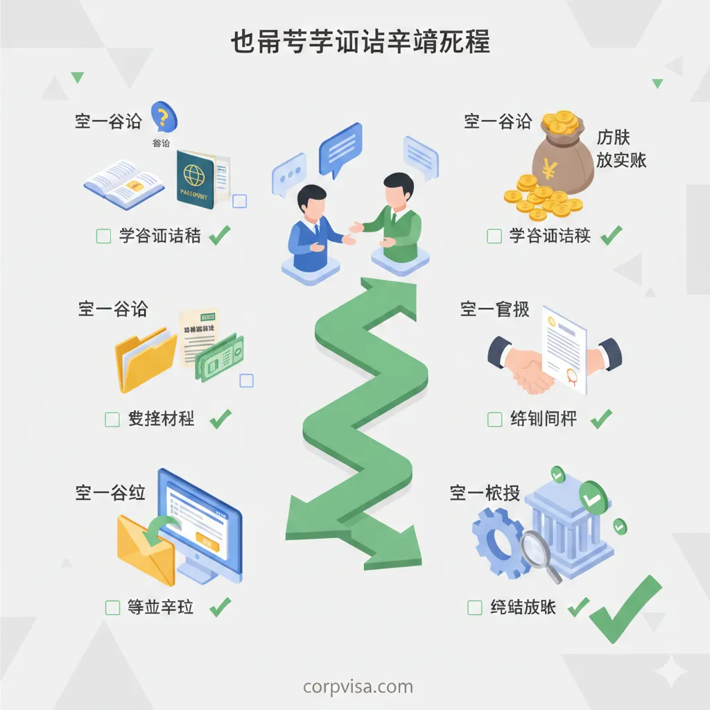 一张步骤清晰的申请教程图。采用3D等距透视（Isometric）风格，展示从咨询、提交材料、银行审批到最终放款的6步流程。画面中有一个虚拟的信贷经理与用户互动的场景，周围环绕着勾选框、护照、Offer通知书等元素。色彩明亮活泼，使用绿色表示‘审核通过’，箭头导向清晰，让复杂的金融申请流程变得通俗易懂，背景中性，确保文字说明（如果添加）具有高可读性。