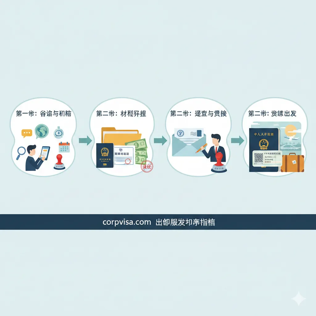 一张清晰易懂的流程引导教程图。采用扁平化插画风格，详细展示了从咨询、材料准备到递签成功的步骤。画面中包含护照、录取通知书、印章等关键元素。色调和谐，利用箭头导向引导视觉流动，整体布局规整，文字排版留白充分，旨在为用户提供清晰的出国服务操作指南。