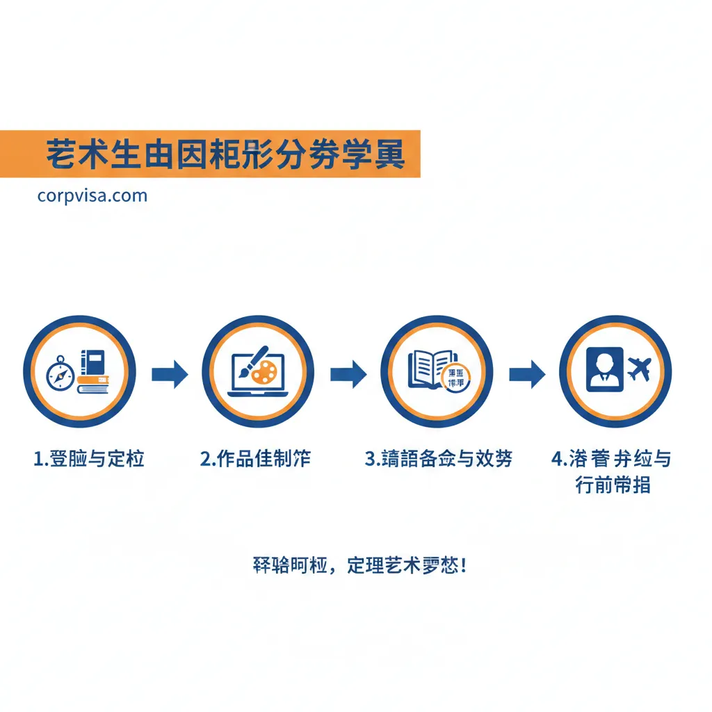 艺术生留学的关键步骤流程图，包含：评估与定校、作品集制作、语言考试与文书准备、签证申请与行前准备。