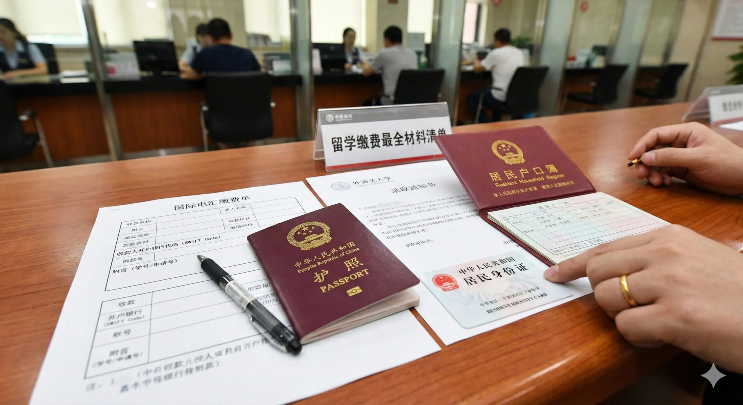图片用于展示银行电汇的实操流程,特别是所需材料清单。画面模拟银行柜台办理场景,焦点集中在一份清晰摆放的材料堆上。材料应包含:一本护照、一张身份证、一份A4纸打印的录取通知书(Offer)和一份缴费单(Invoice),以及一本打开的户口本。一只手(代表家长或学生)正在指着缴费单上的“SWIFT Code”或“学号/附言”位置,强调细节。色彩明亮、细节丰富,风格写实,重点突出材料的齐全性,帮助用户核对“留学缴费最全材料清单”。
