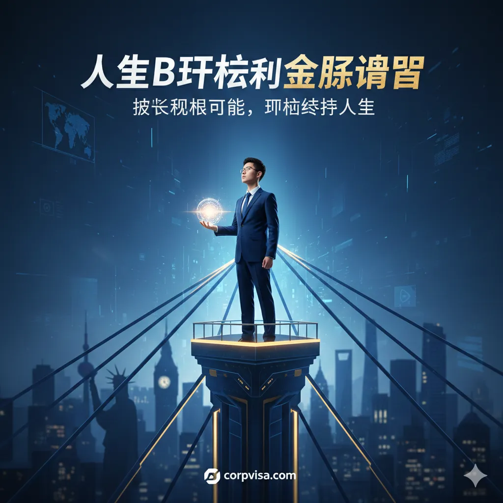 一张富有冲击力的封面图,主题是“人生B计划和全球机遇”。画面主体为一位亚洲学生站在一个高高的瞭望台(象征高瞻远瞩和战略规划)上,背景是模糊处理的全球主要城市天际线(如纽约、伦敦、上海的标志性建筑),这些城市通过一条条发光的、向上延伸的线条连接到瞭望台。风格为未来科技感和商业蓝,使用深蓝色、金色和白色作为主色调,象征专业和价值。构图采用三分法,学生处于视觉中心,传达出国留学是获取全球选择权和战略身份规划的积极决定。