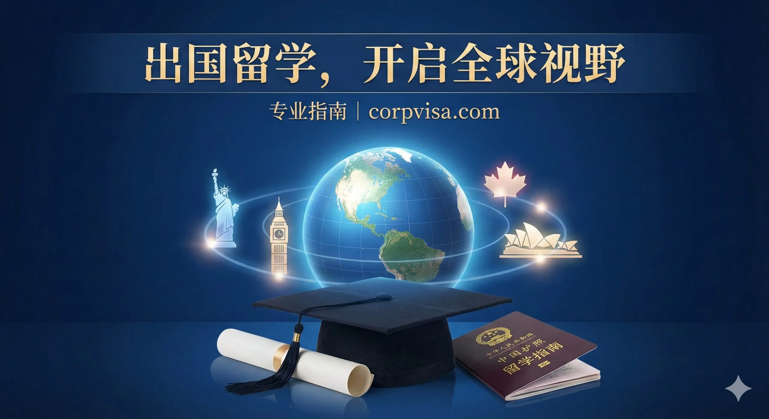一张宏大且富有启发的封面图片，展示了一个发光的3D地球仪悬浮在画面中央，周围环绕着美国自由女神像、英国大本钟、加拿大枫叶和澳洲悉尼歌剧院等标志性元素。背景是深邃的专业科技蓝，前景摆放着毕业帽、卷起的文凭和一本打开的护照，象征着通过留学开启全球视野。光线柔和而充满希望，整体风格高端大气，适合作为出国留学指南的头图。