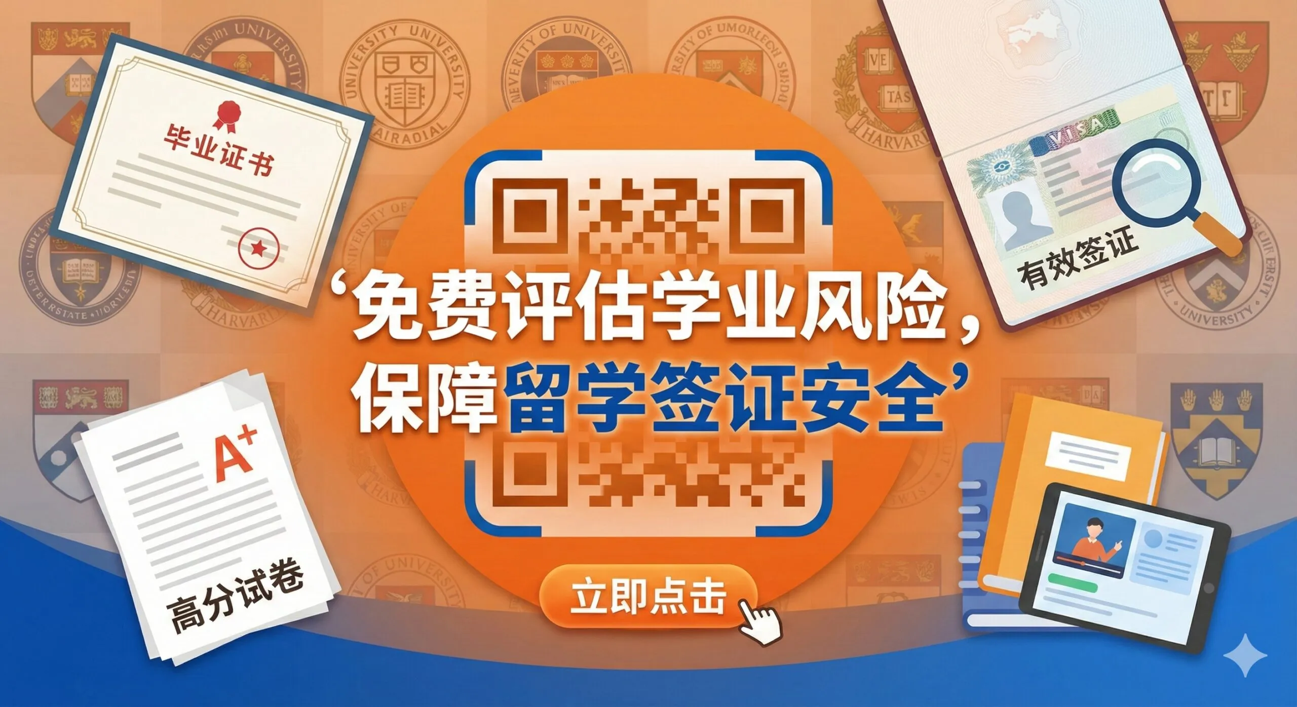 图片作为文章的总结与行动呼吁图。主元素是一个放大的二维码或一个“点击按钮”图标,周围环绕着成功的留学符号:高分试卷、毕业证书、盖有钢印的有效签证。图片背景是模糊处理的全球知名大学校徽集合,暗示服务覆盖全球。文案简洁有力,如'免费评估学业风险,保障留学签证安全',以粗体字突出。整体色彩温暖、积极,如橙色和蓝色,营造出紧迫感和希望,引导用户扫描或点击。
