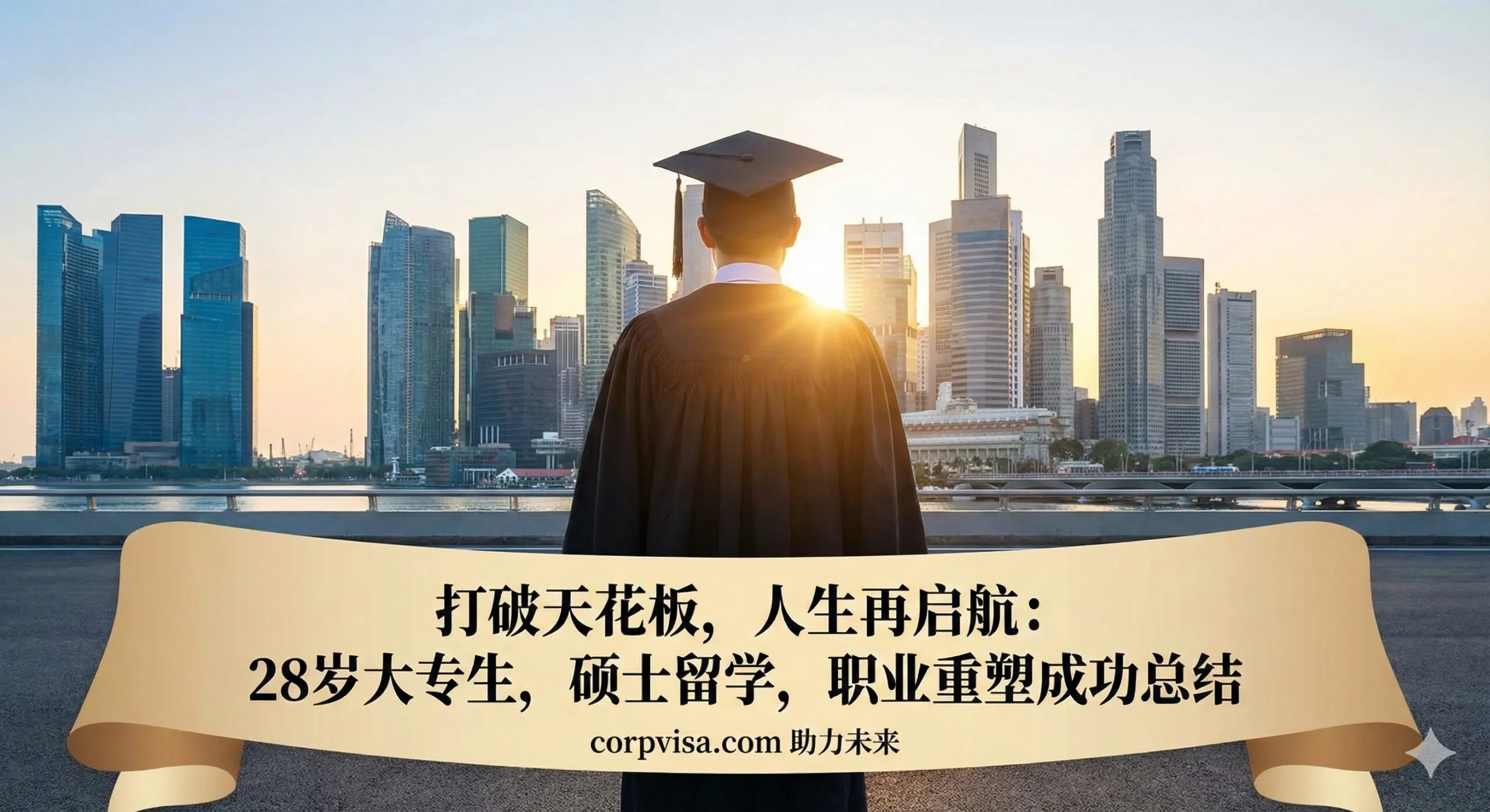 一张充满希望和力量感的总结性图片。画面展示一位背影自信的毕业生身穿硕士学位服，站在高处眺望繁华的国际都市天际线，晨光洒在身上。寓意着打破了大专学历的'天花板'，完成了人生的'系统重置'。画面氛围积极向上，传达出'28岁不是终点，而是起点'的情感共鸣，激励用户采取行动。