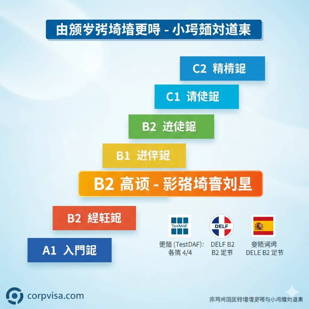 教程图，用于配合'III. 非英语国家留学语言要求与小语种对照表'。设计一个阶梯或等级图，代表欧洲共同语言参考标准（CEFR）。阶梯上从下到上依次标记A1到C2等级，并用醒目的颜色高亮B2等级。B2等级旁边或内部应配有小语种考试的标志（如德福TestDaF、DELF、DELE）及其对应的分数要求（如4x4、B2证书），直观展示小语种学习的阶段目标。色彩应明亮，信息密度适中。