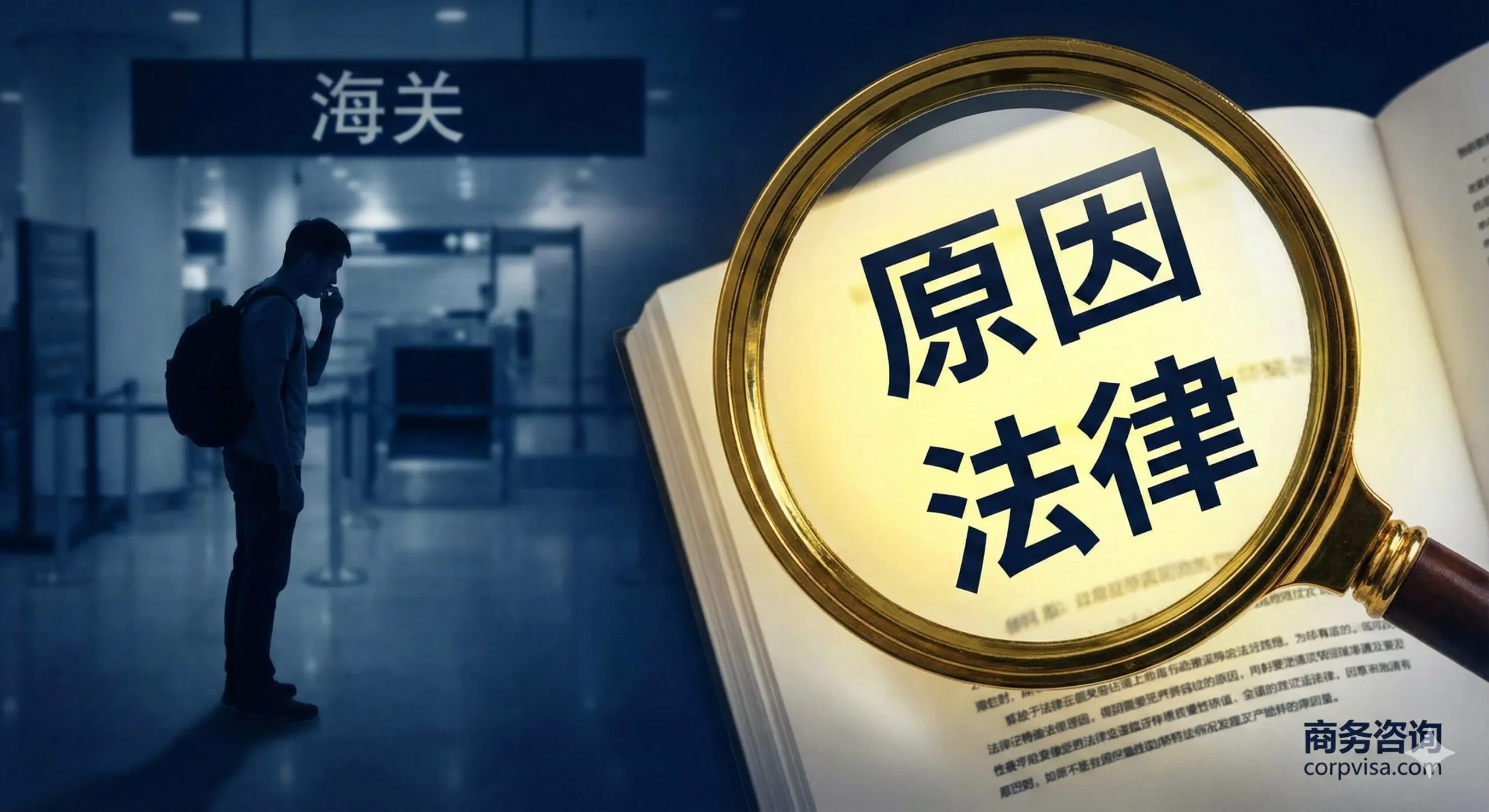 一张具有视觉冲击力的新闻专题封面图。画面左侧展示模糊的机场海关背景和焦虑的留学生剪影，右侧是一个巨大的放大镜，聚焦在一份写有'Reason'（原因）和'Legal'（法律）字样的文件中，象征揭开真相。色调采用深蓝与警示黄的对比，体现严肃与紧迫感。风格为高质感的写实合成摄影，光线聚焦在文件上，突出理性分析的主题。