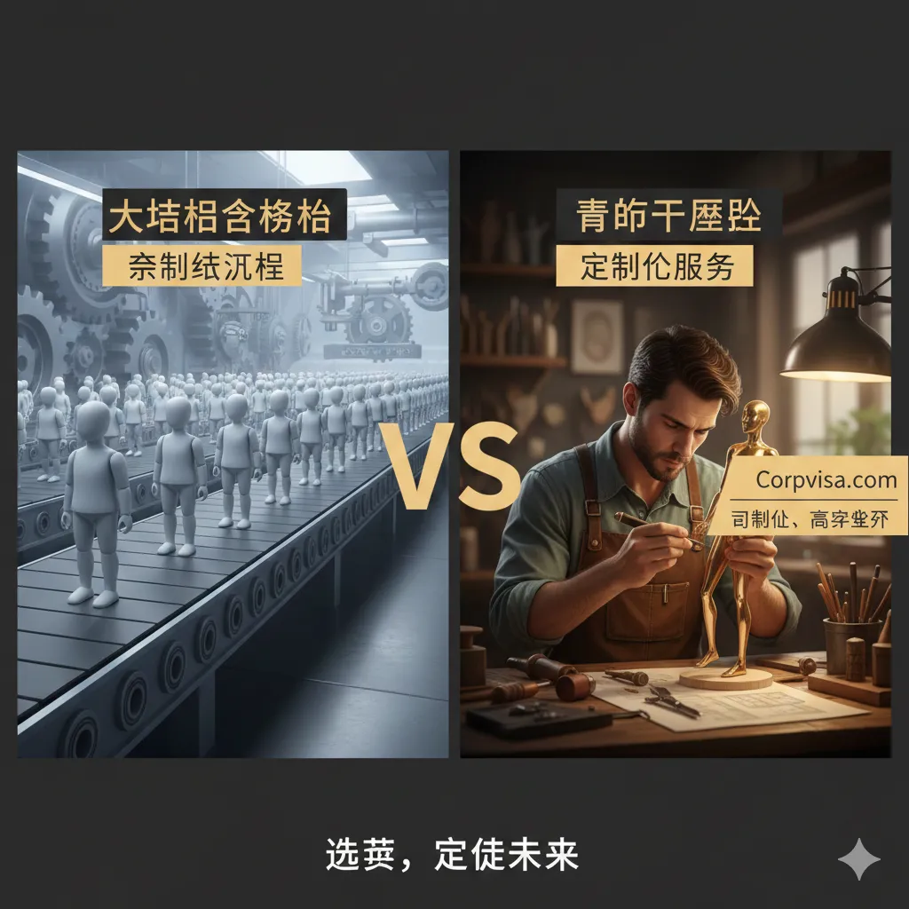 作为文章的总结图，用于对比大型机构和精品工作室（Corpvisa）的差异。图片采用左右对比的构图：左侧是刻板、大量的模具和生产线，代表“大型综合机构”的“流水线作业”；右侧是一个专业工匠正在雕刻一个精致的艺术品，代表Corpvisa“小而美、定制化强”的专家型中介定位。用一个大大的“VS”连接两者，并在精品工作室一侧加上Corpvisa的Logo或核心价值“定制化、高成功率”的标签。风格对比鲜明，寓意选择的重要性。