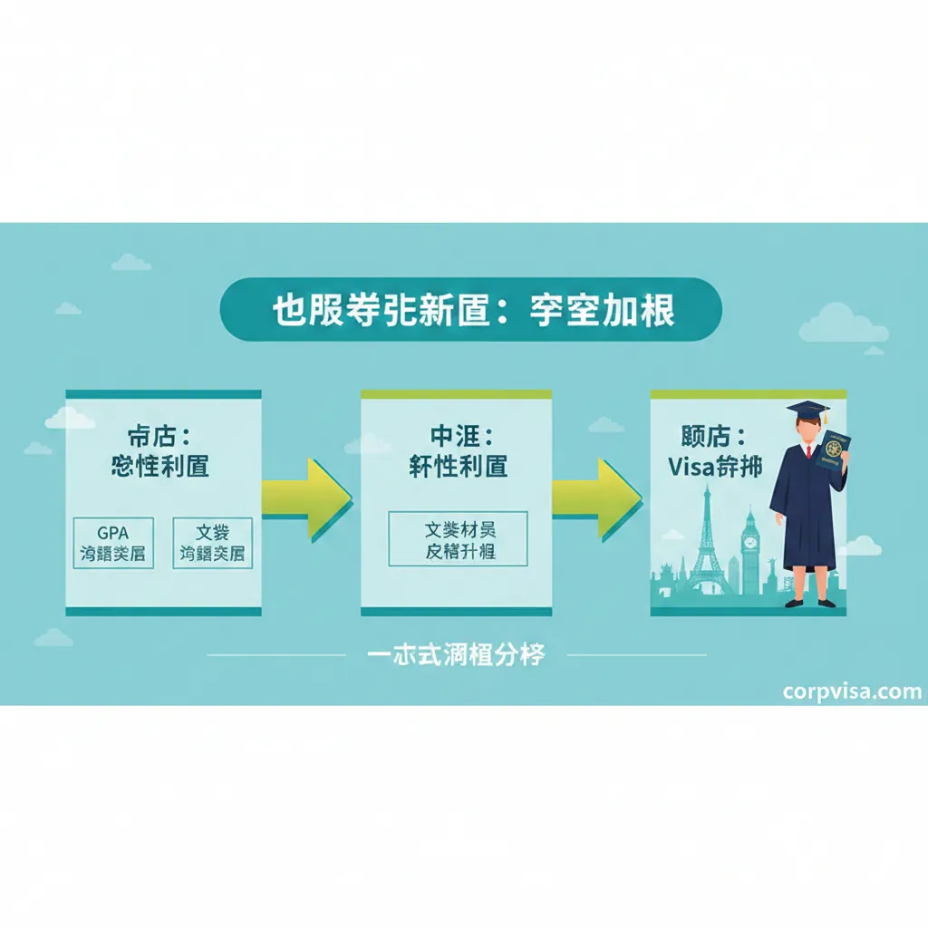 一张象征从起点到终点成功之路的总结图。图片设计成一个流程图的样式，从左到右或从下到上依次是三个阶段：起点（学术条件：GPA、语言）、中间（软性条件：文书、背景提升）和终点（Visa获批）。一个手持护照的形象站在终点，背景是目标国家的标志性建筑。整个路径被一条坚固的箭头连接，箭头下方有“一站式条件分析”的文字，象征全面准备带来成功。色彩明快，传达积极、成功的感受。