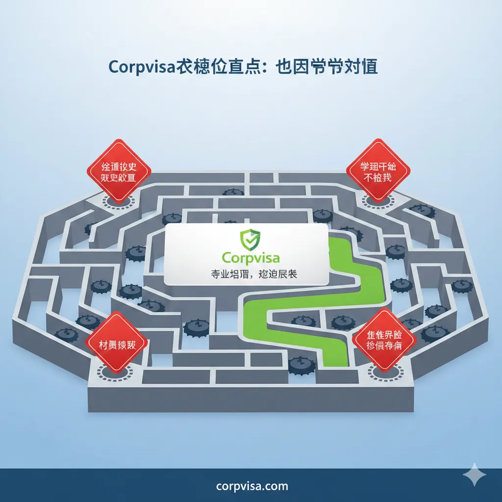 体现“Corpvisa核心价值点”和“签证陷阱”的优势图。图片描绘一个迷宫或布满地雷的道路，代表留学申请流程。迷宫中有四个醒目的陷阱标志，分别对应“资金历史不足”、“学习计划不匹配”、“材料瑕疵”和“未能排除移民倾向”。一条清晰、安全的绿色通道穿过迷宫，通道上方有Corpvisa的Logo或名称，象征其专业指导可规避这些陷阱。风格现代、简洁，强调专业规避风险的能力。
