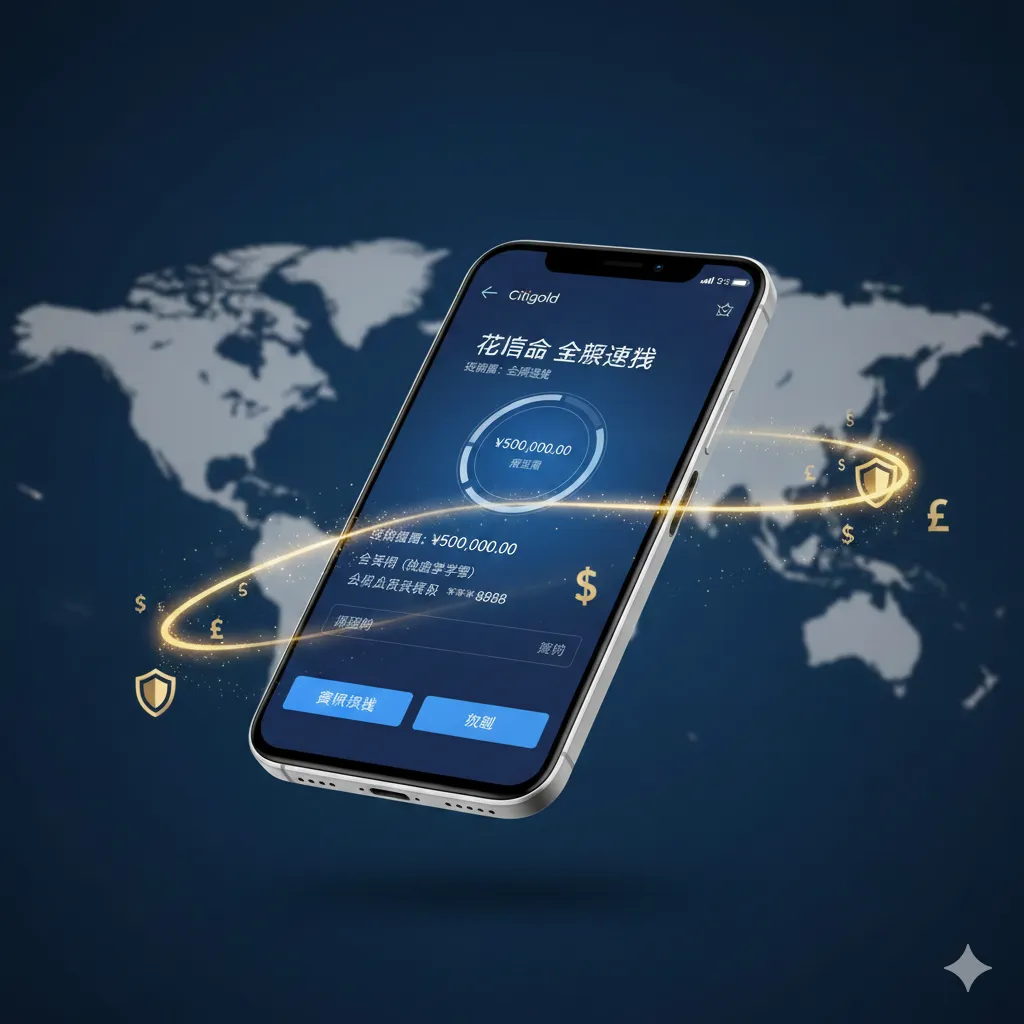 展示全球资金极速流转的概念图。画面中心是一部智能手机,屏幕上显示着Citigold简洁现代的移动银行界面,正在进行一笔跨境转账。手机背景是一张虚化的世界地图,从亚洲到北美/欧洲之间有一道明亮的金色光流连接,象征资金秒级到账且无手续费。周围漂浮着微小的货币符号(美元、英镑、人民币)和盾牌图标,强调资金的安全与便捷。科技感强,构图聚焦,色彩清晰。